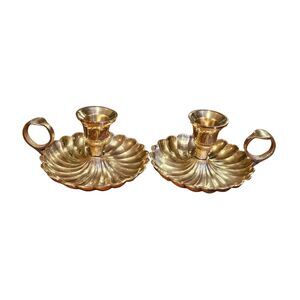 Vintage Brass Scalloped Candlestick Chamberstick Holders made in India